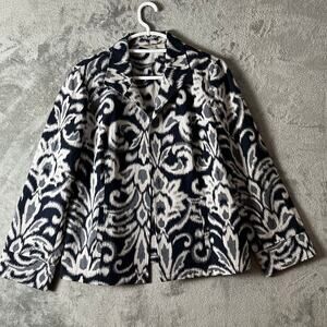 Chico’s Open Front Sher Ikat Jacquard Jacket‎ Blazer Navy Blue White Sz Large
